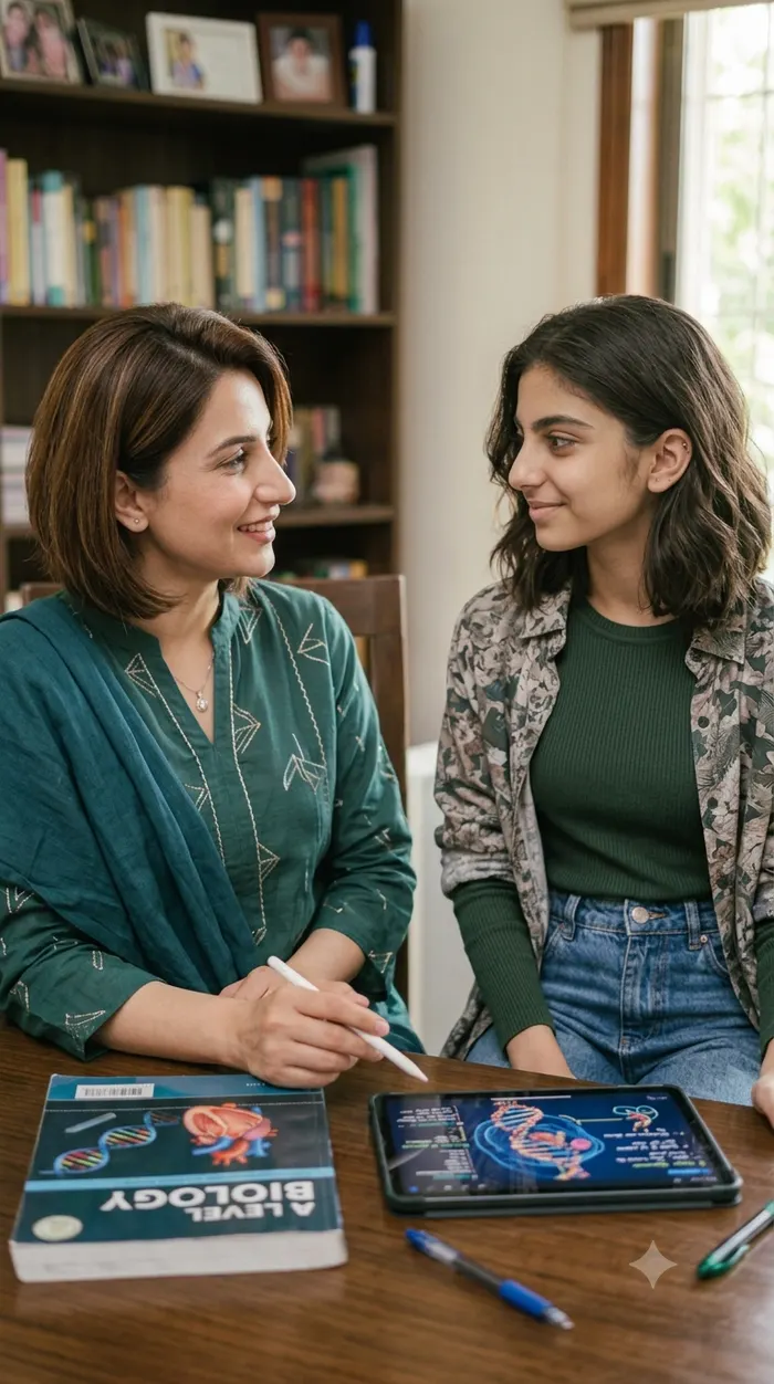 A tutor explaining a biology textbook to a student at home