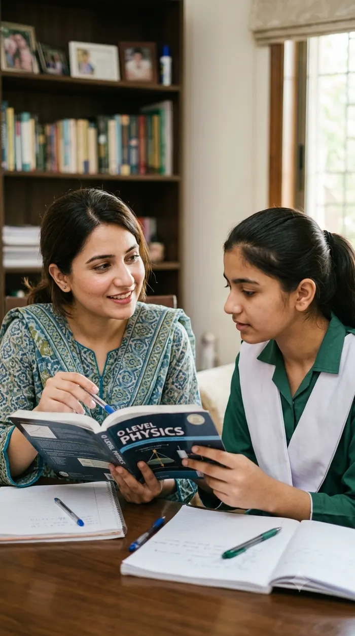 A tutor going through a physics book with a student during a home tuition session
